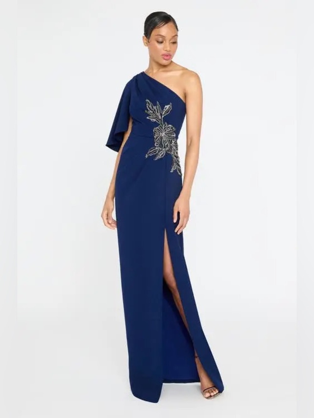 Theia Giuliana One-Shoulder Navy Crepe Evening Gown with Silver Embroidery